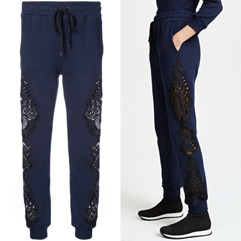 JONATHAN SIMKHAI Lace Appliqué Embroidered Cotton Sweatpants XS